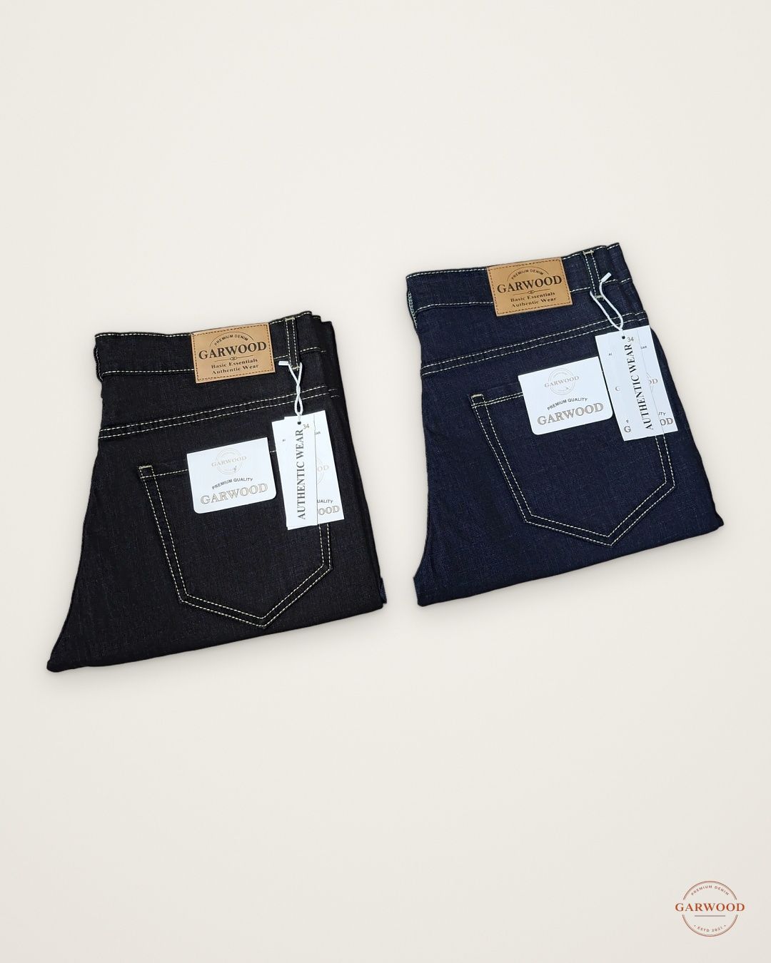 Folded Garwood jeans showing back pocket and leather patch